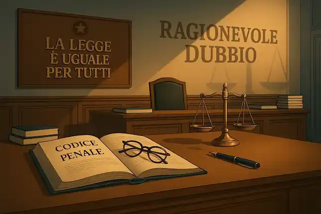Ragionevole dubbio processo penale - Aula tribunale con bilancia giustizia Codice Penale caso Mollicone